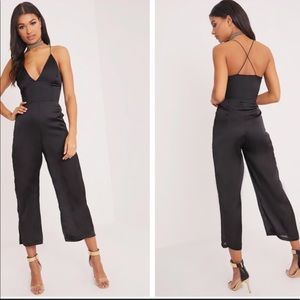 Pretty Little Thing- Tamra Black Satin Jumpsuit
